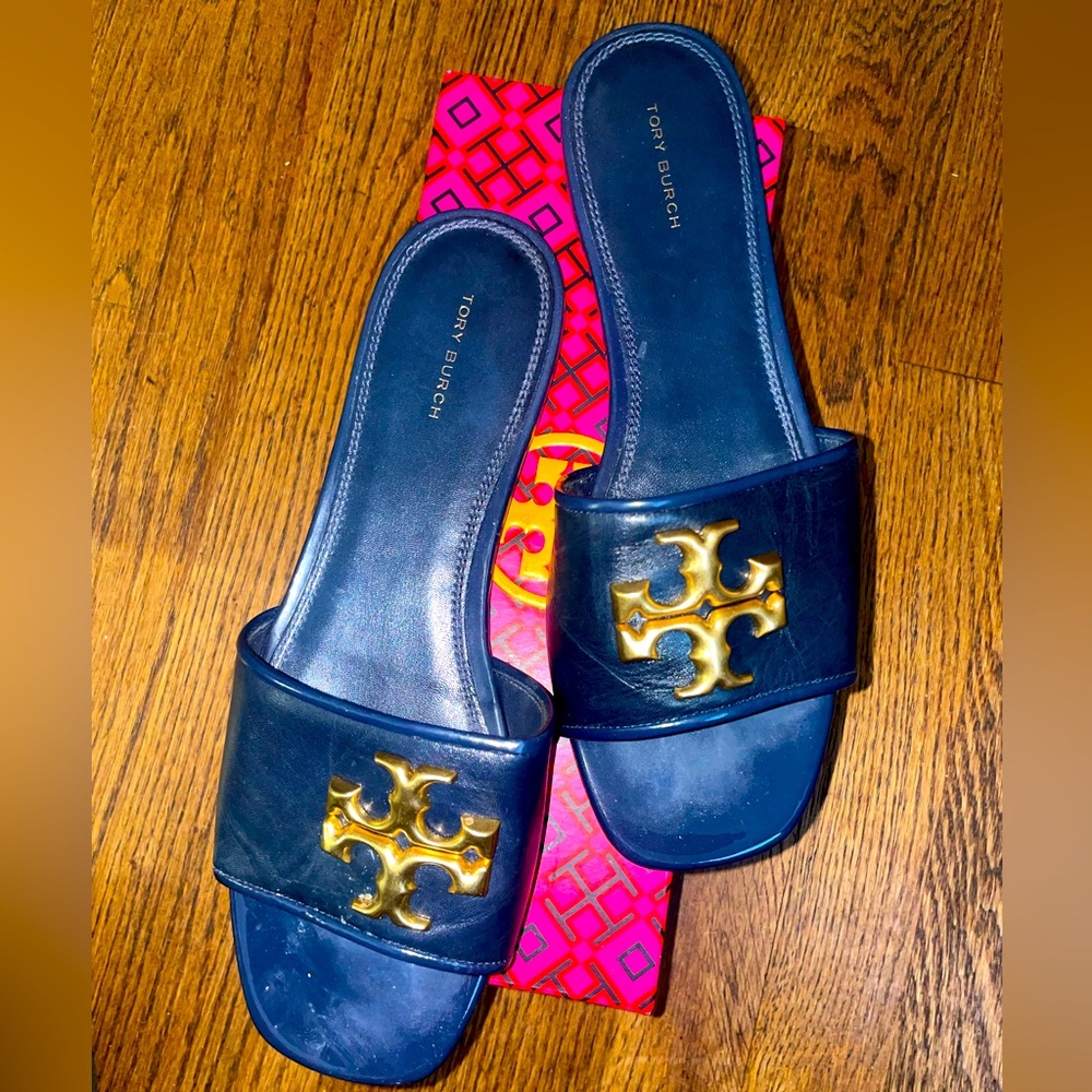 Tory Burch Eleanor navy slides Sz 10